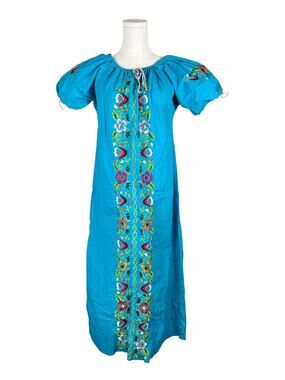 Vintage Cotton Multicolored Floral Embroidered Oaxaca Puff Sleeve Maxi Dress L